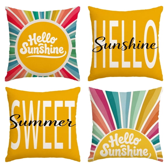 Stegali Summer Hello Sunshine Rainbow Sun Linen Throw Pillow Covers 18x18 Inch Cushion Covers Set of 4