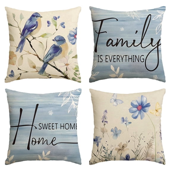 Stegali Spring Summer Blue Bird Home Linen Throw Pillow Covers 18x18 Inch Cushion Covers Set of 4