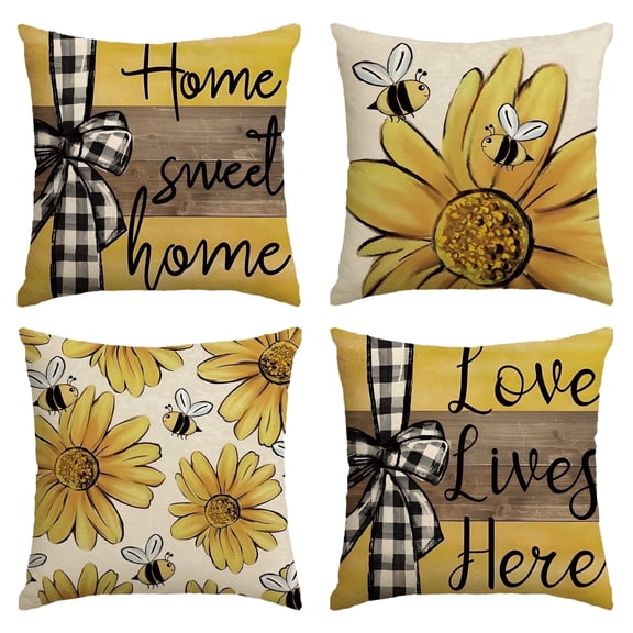 Stegali Summer Sunflower Bee Linen Throw Pillow Covers 18x18 Inch Cushion Covers Set of 4