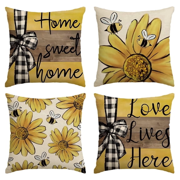 Stegali Summer Sunflower Bee Linen Throw Pillow Covers 18x18 Inch Cushion Covers Set of 4