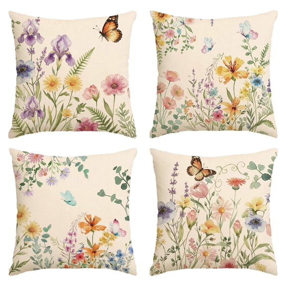 Stegali Spring Summer Wildflower Butterfly Linen Throw Pillow Covers 18x18 Inch Cushion Covers Set of 4