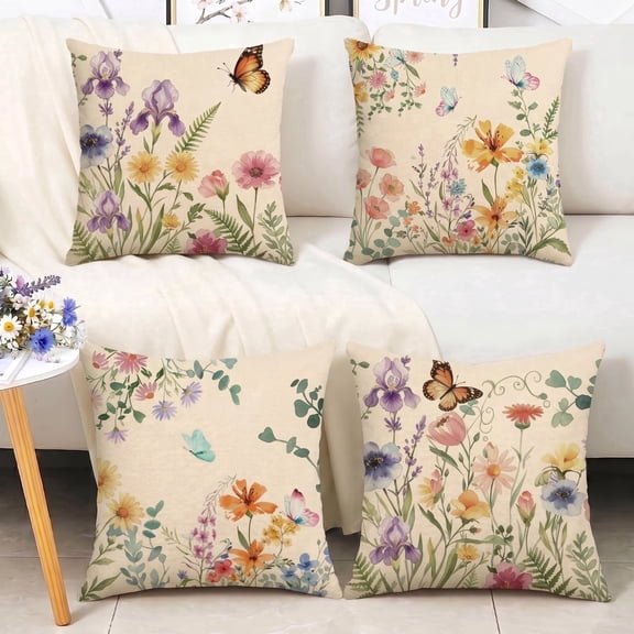 Stegali Spring Summer Wildflower Butterfly Linen Throw Pillow Covers, 18x18 Inch Cushion Covers Set of 4