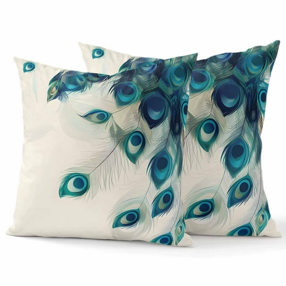 Throw Pillow Covers 18x18 Inch Set of 2 Peacock Feather Decorative Pillow Covers Teal Cushion Cover Pillowcase for Sofa Couch Bed Home Decor