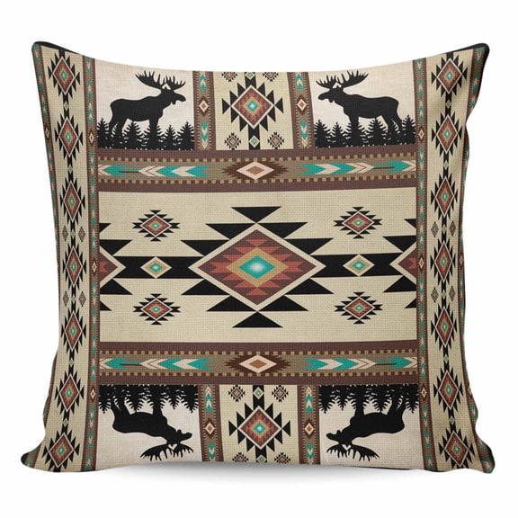 Throw Pillow Covers 18x18 Inch, Southwest Aztec Decorative Pillow Cases for Couch Sofa Bed, Brown Forest Tree Elk Geometric Green Cotton Linen Square Home Decor Pillowcases with Hidden Zipper
