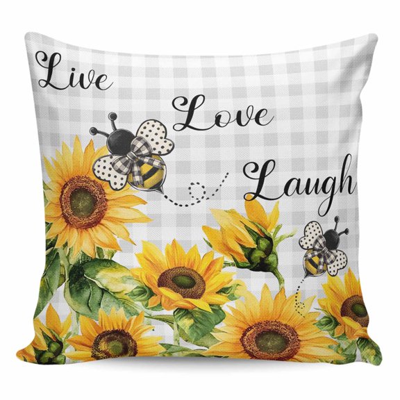 Throw Pillow Covers 18x18 Inch, Sunflower Bee Decorative Pillow Cases for Couch Sofa Bed, Grey Buffalo Checkered Botanical Floral Cotton Linen Square Home Decor Pillowcases with Hidden Zipper