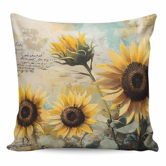 Throw Pillow Covers 18x18 Inch, Sunflower Decorative Pillow Cases for Couch Sofa Bed, Farmhouse Vintage Summer Botanical Pastoral Cotton Linen Square Home Decor Pillowcases with Hidden Zipper