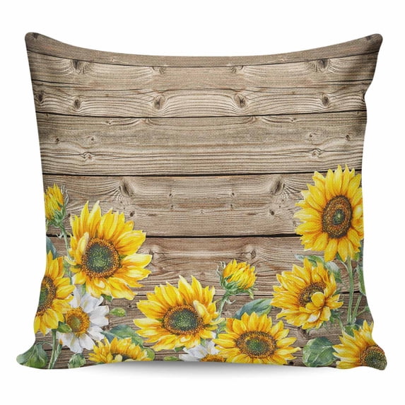 Throw Pillow Covers 18x18 Inch, Sunflowers Retro Decorative Pillow Cases for Couch Sofa Bed, Pastoral Floral Wooden Planks Farmhouse Cotton Linen Square Home Decor Pillowcases with Hidden Zipper