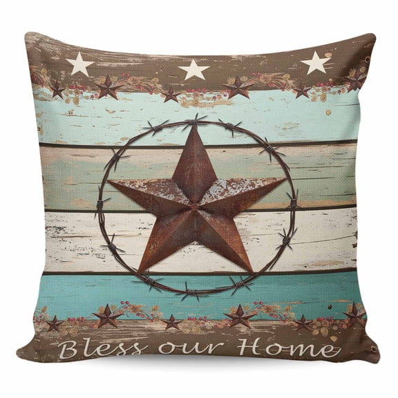 Throw Pillow Covers 18x18 Inch, Teal Brown Texas Star Decorative Pillow Cases for Couch Sofa Bed, Farmhouse Country Wooden Cotton Linen Square Home Decor Pillowcases with Hidden Zipper