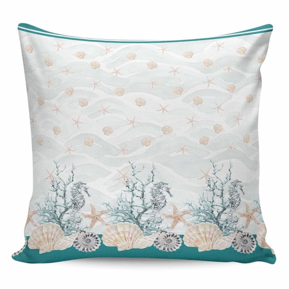 Throw Pillow Covers 18x18 Inch, Turquoise Shell Decorative Pillow Cases for Couch Sofa Bed, Rustic Coastal Nautical Ocean Animals Cotton Linen Square Home Decor Pillowcases with Hidden Zipper