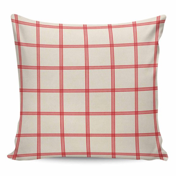 Throw Pillow Covers 18x18 Inch, Yellow Buffalo Plaid Decorative Pillow Cases for Couch Sofa Bed, Red Lines Grid Pattern Vintage Cotton Linen Square Home Decor Pillowcases with Hidden Zipper