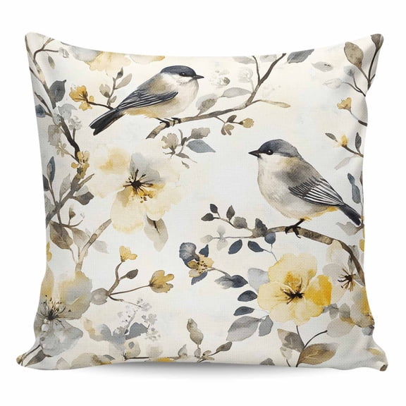 Throw Pillow Covers 18x18 Inch, Yellow Grey Botanical Decorative Pillow Cases for Couch Sofa Bed, Spring Floral Summer Birds Vintage Cotton Linen Square Home Decor Pillowcases with Hidden Zipper