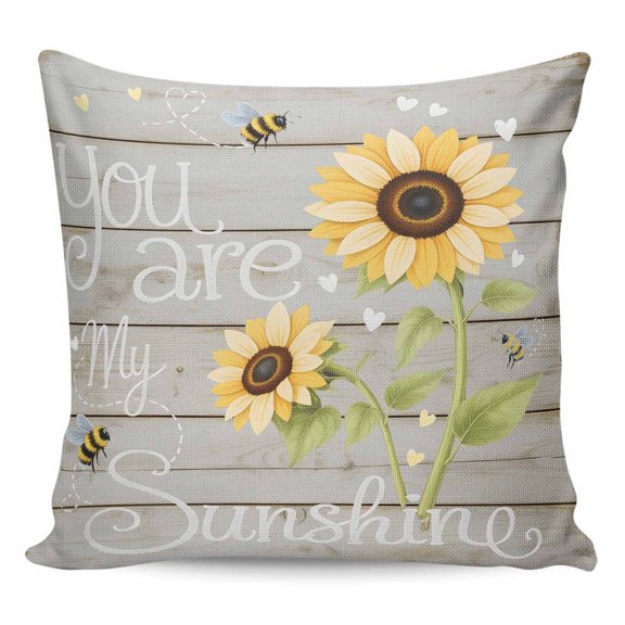 Throw Pillow Covers 18x18 Inch, You Are My Sunshine Decorative Pillow Cases for Couch Sofa Bed, Yellow Sunflowers Cute Bees Heart Retro Wood Cotton Linen Square Home Decor Pillowcases