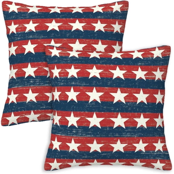 Throw Pillow Covers 18x18 Set of 2 | Patriotic Stars Stripes Decorative Cushion Covers for Couch Sofa Bed | Rustic Americana Pillow Cases for Living Room Bedroom | Vintage Home Decor Accent
