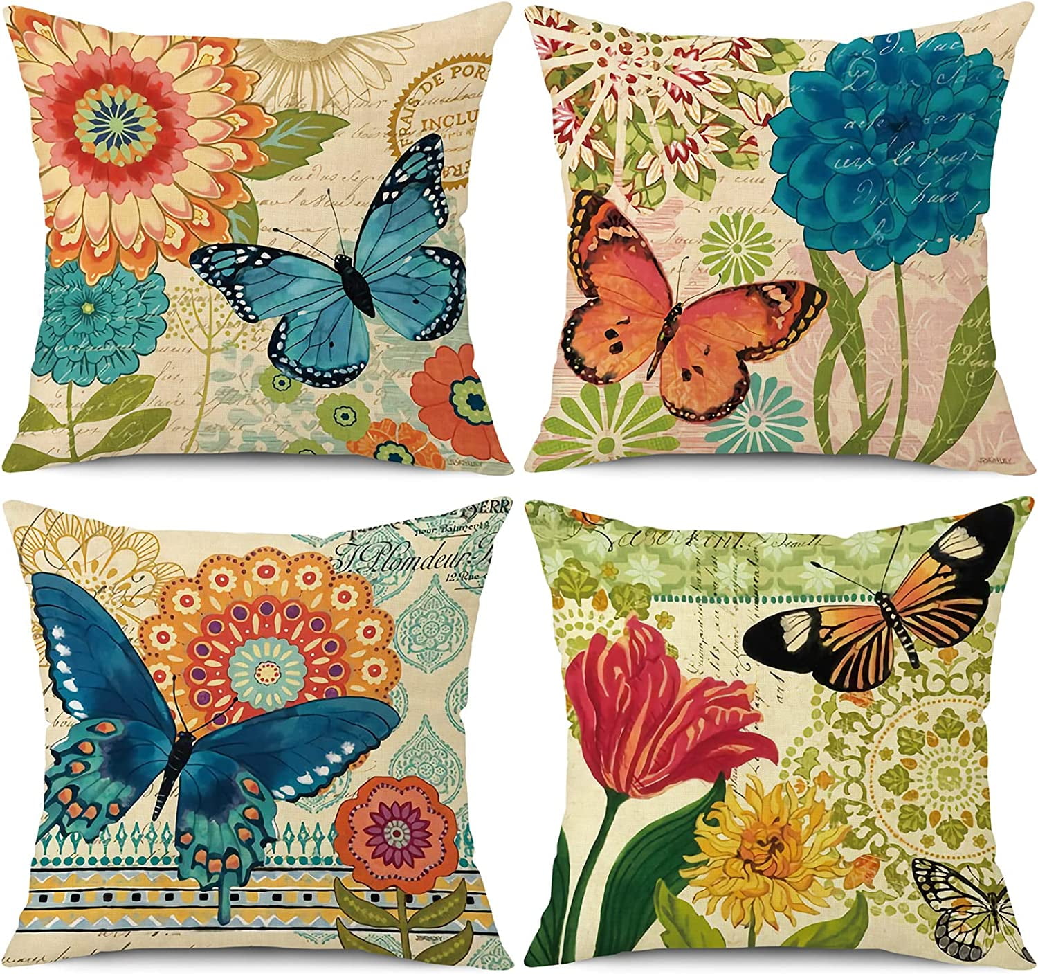 Faylapa 6 Pack Butterfly Leaf Floral Pillow Cases Boho Flowers Printed  Decorative Throw Cushion Cover Pillowcase for Home Sofa Car Decoration  18×18
