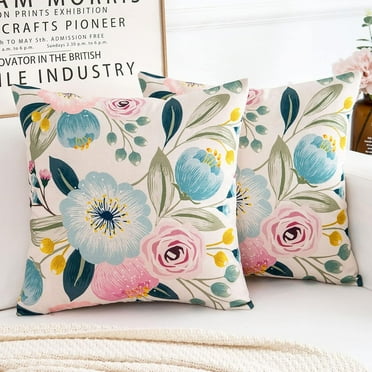 Throw Pillow Covers 18x18 Square Linen Pillow Cover Spring Decorative Boho Pillow Covers Set of 2 Blue and Pink Flowers Beauty Floral Blossom Pillow Cases for Outdoor Garden Home Sofa Couch…