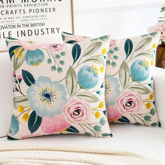 Throw Pillow Covers 18x18 Square Linen Pillow Cover Spring Decorative Boho Pillow Covers Set of 2 Blue and Pink Flowers Beauty Floral Blossom Pillow Cases for Outdoor Garden Home Sofa Couch…