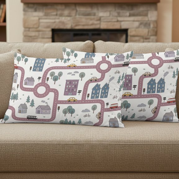 Throw Pillow Covers 20"x12" Cartoon City Map Set of 2 Soft Decorative Pillow Covers Country Pink Road Car Bus Bike House Tree Soft Cushion Cases for Couch Sofa Living Room Bedroom