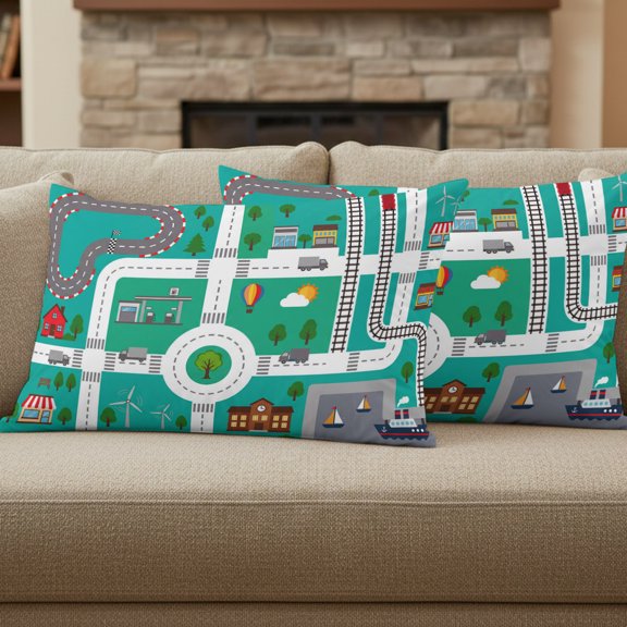 Throw Pillow Covers 20"x12" Cartoon City Map Set of 2 Soft Decorative Pillow Covers Road Toy Car House School Tree Sun Soft Cushion Cases for Couch Sofa Living Room Bedroom