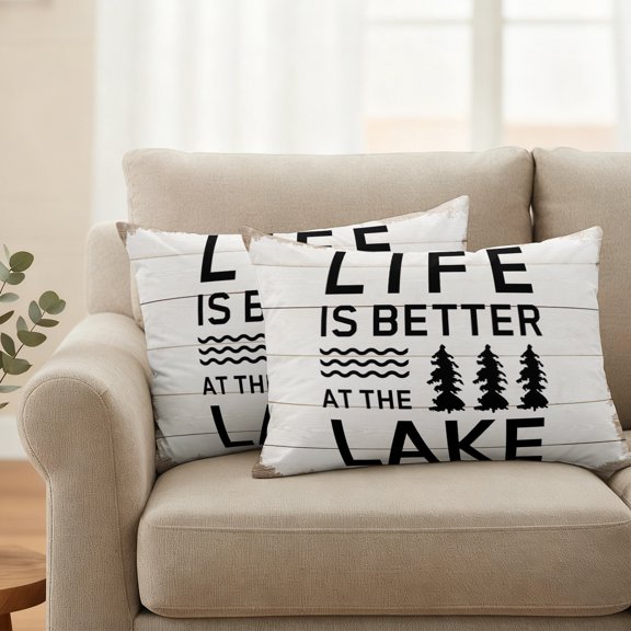 Throw Pillow Covers 20x12in Set of 2, Summer Quotes Lake and Forest Outdoor Pillowcases Waterproof Decorative Pillow Cover, Farm Wooden Frain Cushion Cases for Outdoor Indoor Sofa Couch