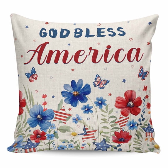 Throw Pillow Covers 20x20 Inch, 4th of July Decorative Pillow Cases for Couch Sofa Bed, Independence Day Red Blue Floral Rustic Cotton Linen Square Home Decor Pillowcases with Hidden Zipper