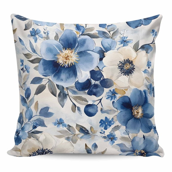Throw Pillow Covers 20x20 Inch, Blue Flower Decorative Pillow Cases for Couch Sofa Bed, Retro Modern Graffiti Art Paint Botanicals Cotton Linen Square Home Decor Pillowcases with Hidden Zipper