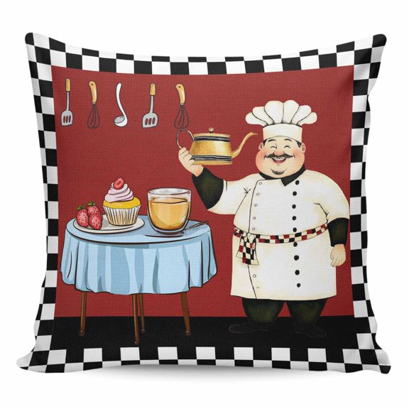 Throw Pillow Covers 20x20 Inch, Chef Decorative Pillow Cases for Couch Sofa Bed, Cartoon Red Food Cooking Black White Buffalo Check Cotton Linen Square Home Decor Pillowcases with Hidden Zipper