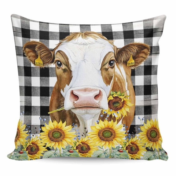Throw Pillow Covers 20x20 Inch, Farmhouse Cow Decorative Pillow Cases for Couch Sofa Bed, Vintage Country Sunflower Black Buffalo Plaid Cotton Linen Square Home Decor Pillowcases with Hidden Zipper