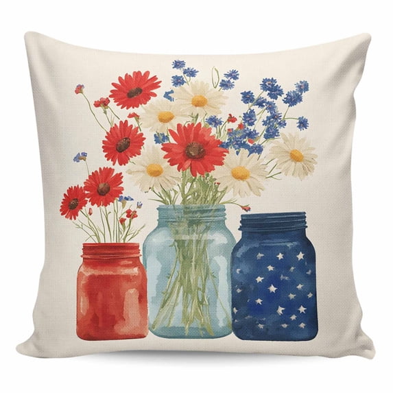 Throw Pillow Covers 20x20 Inch, Independence Day Decorative Pillow Cases for Couch Sofa Bed, Red Blue Patriotic Poppy Flower Daisy Cotton Linen Square Home Decor Pillowcases with Hidden Zipper