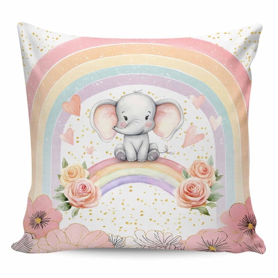 Throw Pillow Covers 20x20 Inch, Pink Elephants Decorative Pillow Cases for Couch Sofa Bed, Cute Rainbow Spring Floral Botanical Cotton Linen Square Home Decor Pillowcases with Hidden Zipper