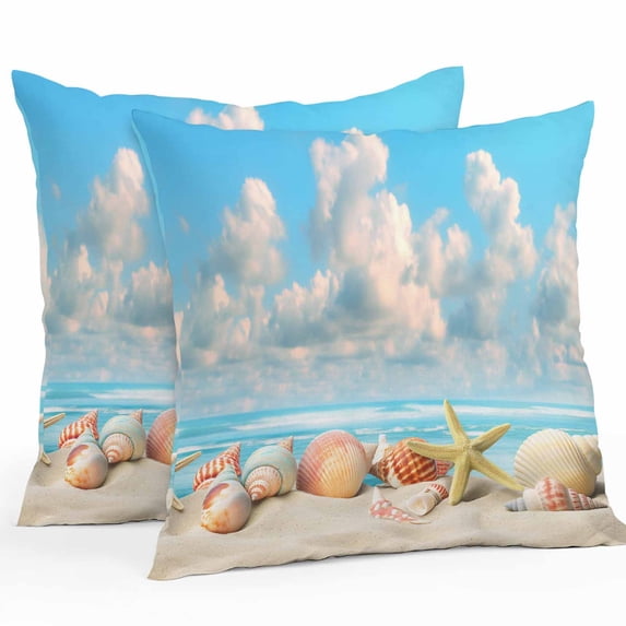 Throw Pillow Covers 20x20 Inch Set of 2, Nautical Coastal Waterproof Outdoor Pillow Covers, Summer Beach Shell Conch Starfish Blue Decorative Cushion Pillowcases for Couch, Sofa, Bed, Garden, Patio