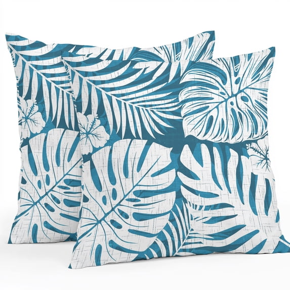Throw Pillow Covers 20x20 Inch Set of 2, Palm Tree Monstera Waterproof Outdoor Pillow Covers, Cyan Blue Leaf Boho Botanical Tropical Decorative Cushion Pillowcases for Couch, Sofa, Bed, Garden, Patio