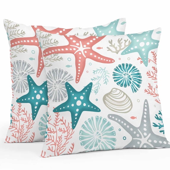 Throw Pillow Covers 20x20 Inch Set of 2, Red Teal Starfish Coastal Waterproof Outdoor Pillow Covers, Summer Beach Nautical Coral Sea Decorative Cushion Pillowcases for Couch, Sofa, Bed, Garden, Patio
