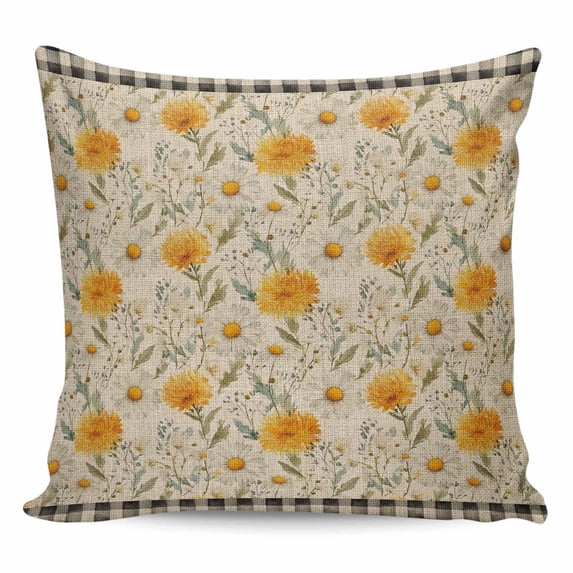 Throw Pillow Covers 20x20 Inch, Spring Daisy Decorative Pillow Cases for Couch Sofa Bed, Country Vintage Yellow White Floral Leaf Plaid Cotton Linen Square Home Decor Pillowcases with Hidden Zipper