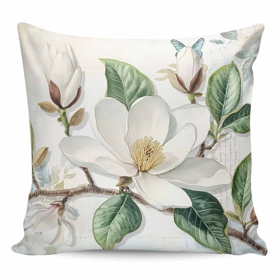 Throw Pillow Covers 20x20 Inch, White Floral Decorative Pillow Cases for Couch Sofa Bed, Botanical Magnolia Flower Leaves Butterfly Cotton Linen Square Home Decor Pillowcases with Hidden Zipper