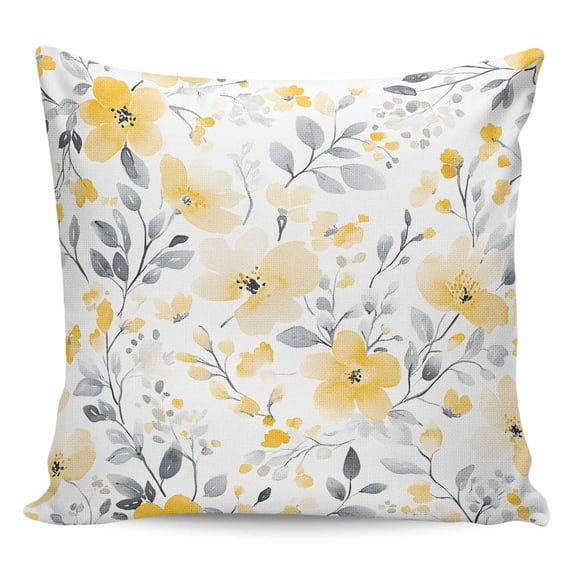 Throw Pillow Covers 20x20 Inch, Yellow Floral Spring Decorative Pillow Cases for Couch Sofa Bed, Pastoral Gray Botanical Summer Cotton Linen Square Home Decor Pillowcases with Hidden Zipper