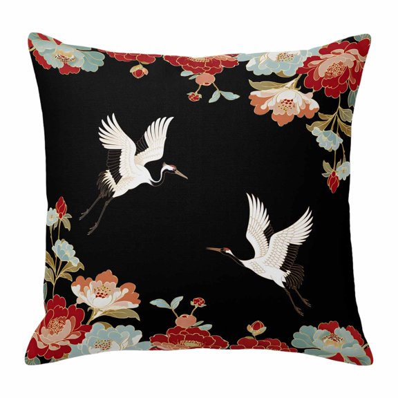 Throw Pillow Covers 24 x 24 Inch, Black Crane Cotton Linen Pillows Cases, Vintage Red Teal Spring Floral Botanical Square Cushion Covers for Couch Sofa Bed