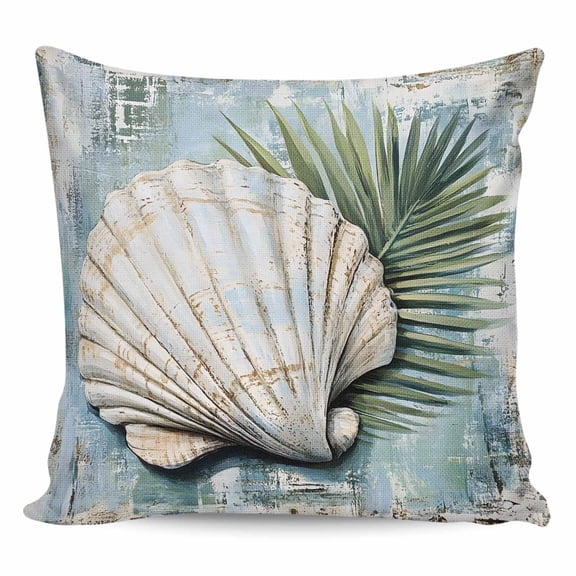 Throw Pillow Covers 24x24 Inch, Blue Coastal Decorative Pillow Cases for Couch Sofa Bed, Retro Botanical Beach Nautical Shell Cotton Linen Square Home Decor Pillowcases with Hidden Zipper