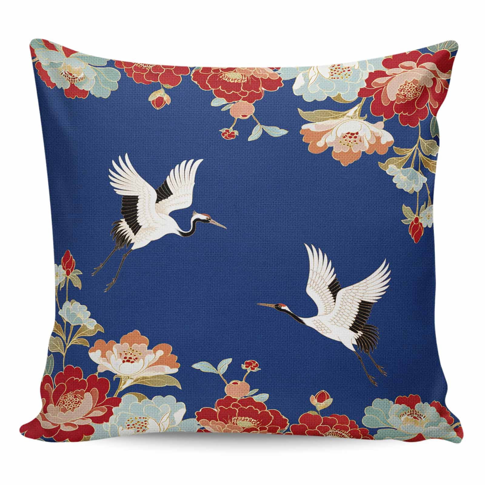 Throw Pillow Covers 24x24 Inch, Blue Crane Decorative Pillow Cases for Couch Sofa Bed, Vintage Red Teal Spring Floral Botanical Cotton Linen Square Home Decor Pillowcases with Hidden Zipper