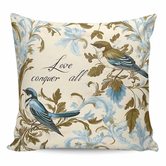 Throw Pillow Covers 24x24 Inch, Blue Spring Floral Decorative Pillow Cases for Couch Sofa Bed, Vintage Summer Botanical Birds Cotton Linen Square Home Decor Pillowcases with Hidden Zipper