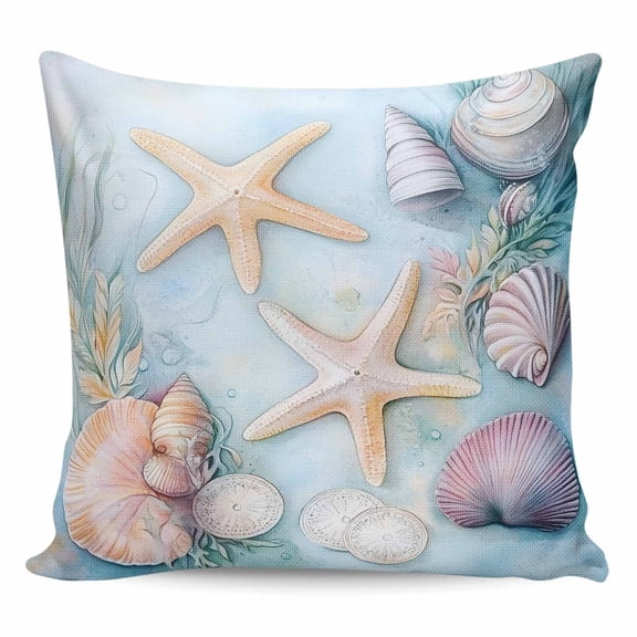 Throw Pillow Covers 24x24 Inch, Coastal Beach Decorative Pillow Cases for Couch Sofa Bed, Summer Starfish Nautical Shell Ocean Cotton Linen Square Home Decor Pillowcases with Hidden Zipper