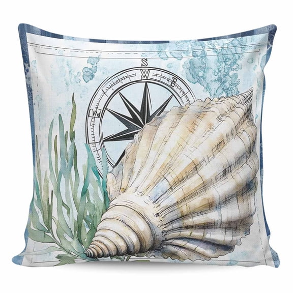 Throw Pillow Covers 24x24 Inch, Coastal Ocean Decorative Pillow Cases for Couch Sofa Bed, Summer Nautical Compass Shell Seaweed Cotton Linen Square Home Decor Pillowcases with Hidden Zipper