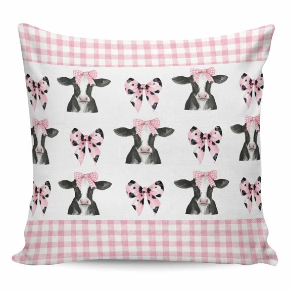 Throw Pillow Covers 24x24 Inch, Cute Bow Cow Decorative Pillow Cases for Couch Sofa Bed, Farmhouse Cute Animals Pink Buffalo Checkered Cotton Linen Square Home Decor Pillowcases with Hidden Zipper