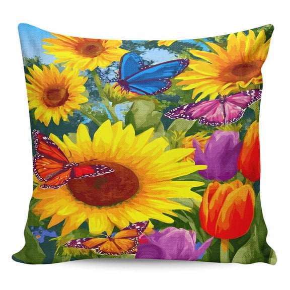 Throw Pillow Covers 24x24 Inch, Flower Butterfly Decorative Pillow Cases for Couch Sofa Bed, Watercolor Sunflower Tulips Floral Cotton Linen Square Home Decor Pillowcases with Hidden Zipper