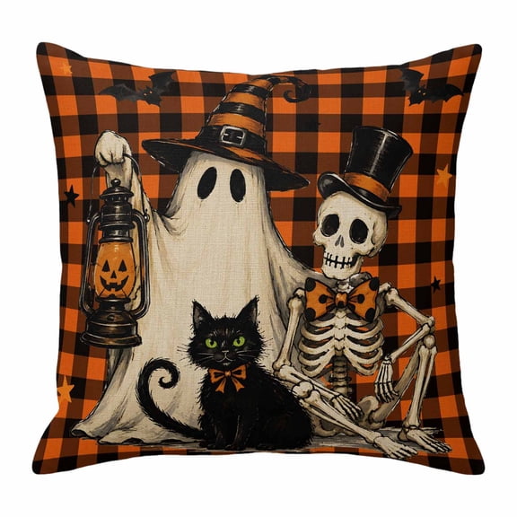 Throw Pillow Covers 24x24 Inch, Funny Ghost Halloween Decorative Pillow Cases for Couch Sofa Bed, Black Cats Skull Orange Plaid Cotton Linen Square Home Decor Pillowcases with Hidden Zipper