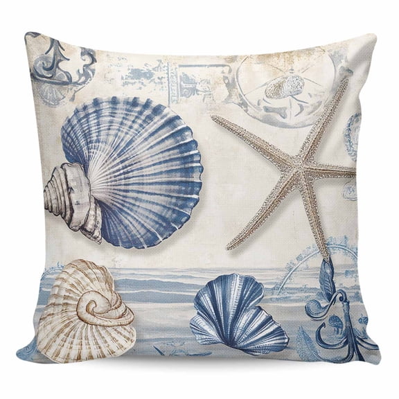 Throw Pillow Covers 24x24 Inch, Navy Blue Coastal Decorative Pillow Cases for Couch Sofa Bed, Vintage Sea Beach Shell Starfish Cotton Linen Square Home Decor Pillowcases with Hidden Zipper