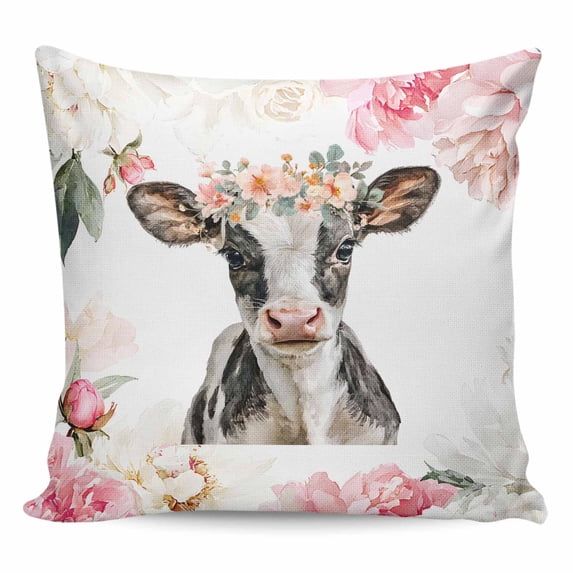 Throw Pillow Covers 24x24 Inch, Pink Cow Decorative Pillow Cases for Couch Sofa Bed, Watercolor Flowers Spring Floral Cotton Linen Square Home Decor Pillowcases with Hidden Zipper