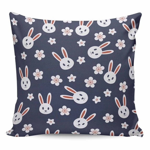 Throw Pillow Covers 24x24 Inch, Rabbit Floral Decorative Pillow Cases for Couch Sofa Bed, Cherry Blossom Japanese Style Navy Blue Cotton Linen Square Home Decor Pillowcases with Hidden Zipper