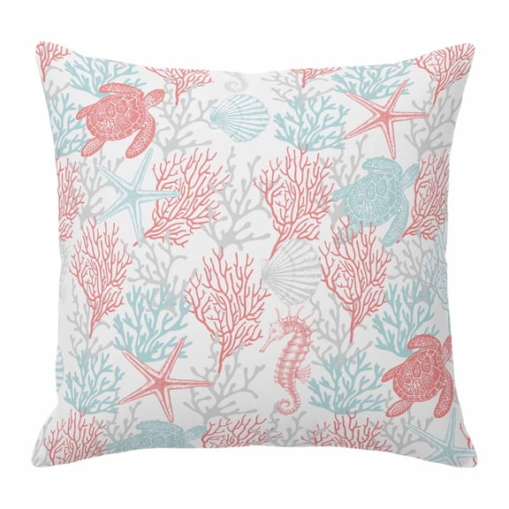 Throw Pillow Covers 24x24 Inch, Red Aqua Coastal Decorative Pillow Cases for Couch Sofa Bed, Sea Turtle Nautical Coral Summer Beach Cotton Linen Square Home Decor Pillowcases with Hidden Zipper
