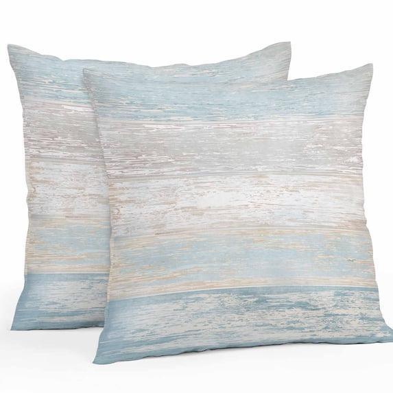 Throw Pillow Covers 24x24 Inch Set of 2, Blue Beige Farmhouse Waterproof Outdoor Pillow Covers, Vintage Wooden Striped Decorative Cushion Pillowcases for Couch, Sofa, Bed, Garden, Patio