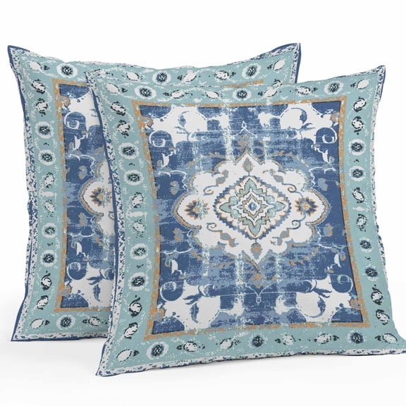 Throw Pillow Covers 24x24 Inch Set of 2, Blue Boho Waterproof Outdoor Pillow Covers, Farmhouse Bohemian Medallion Oriental Flower Decorative Cushion Pillowcases for Couch, Sofa, Bed, Garden, Patio